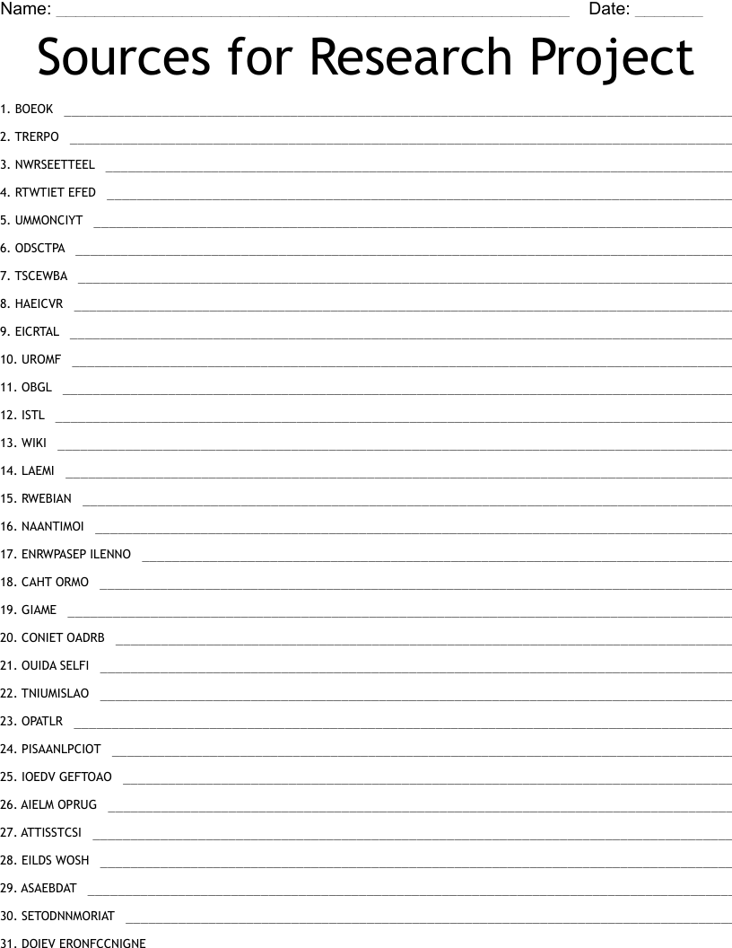 Sources for Research Project Word Scramble