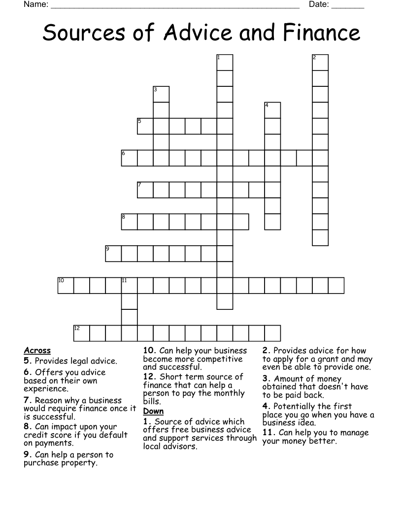Sources of Advice and Finance Crossword