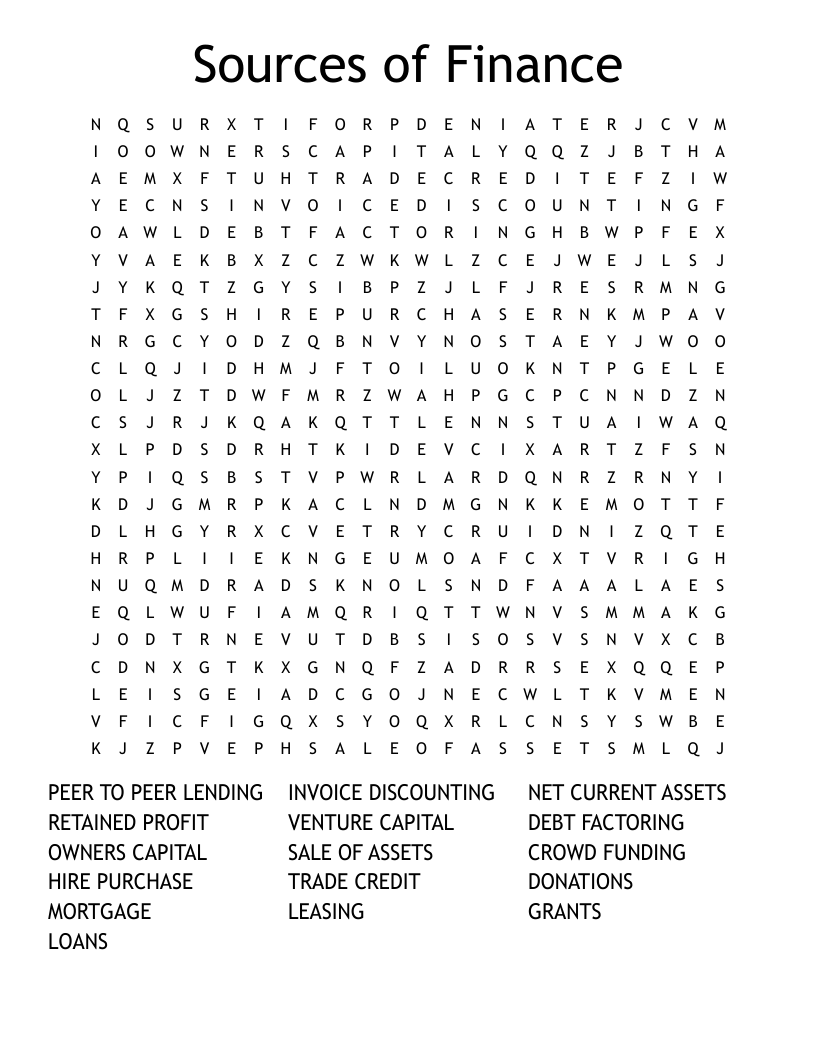 Sources of Finance Word Search