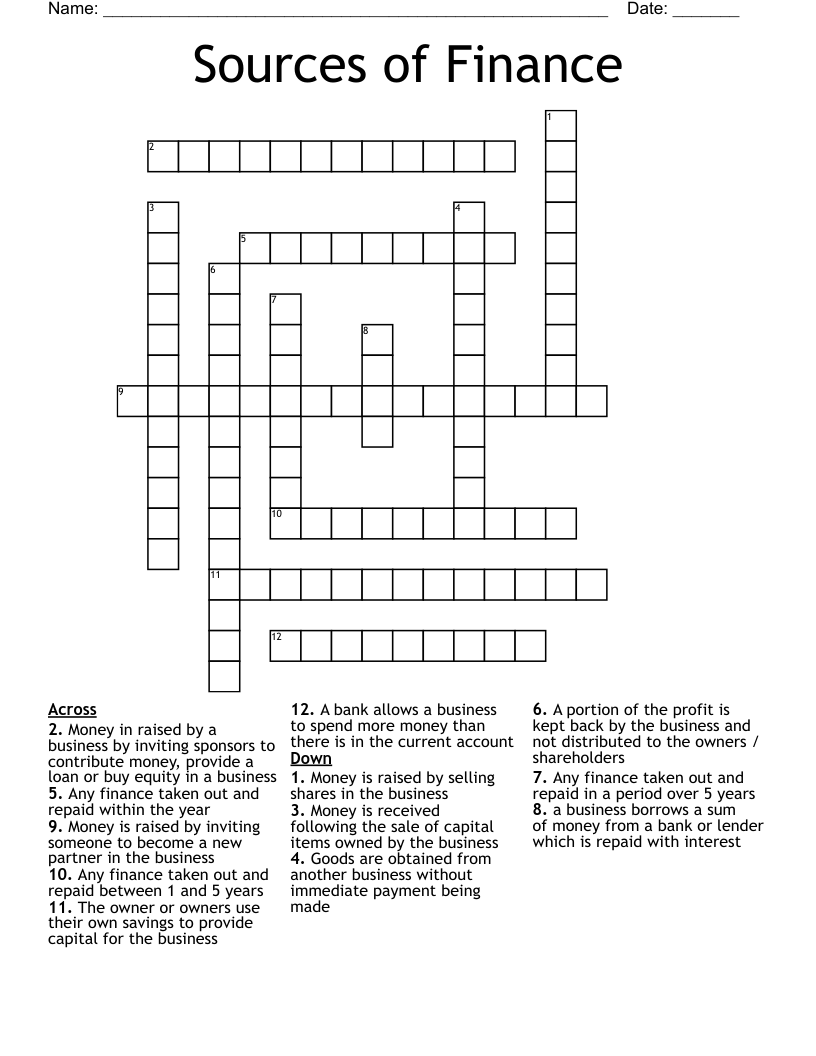 Sources of Finance  Crossword