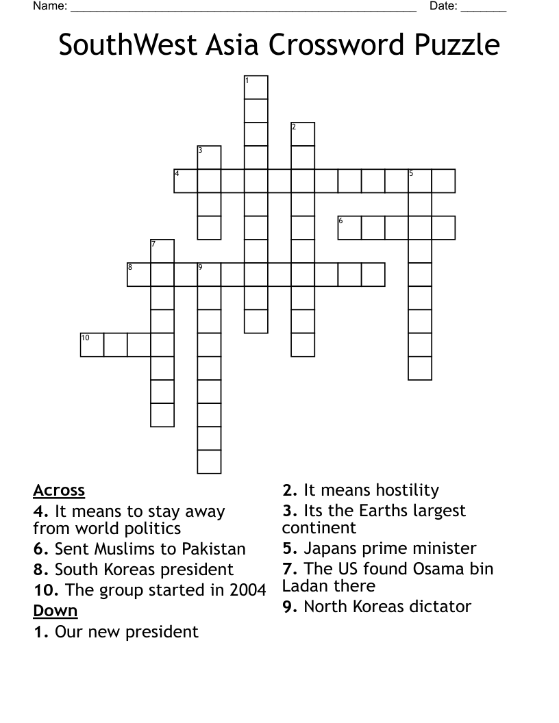 SouthWest Asia Crossword Puzzle