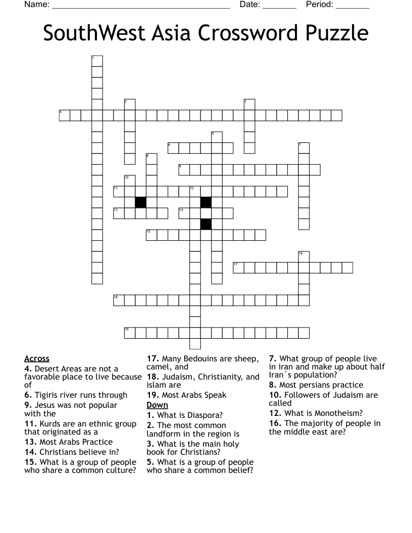 SouthWest Asia Crossword Puzzle