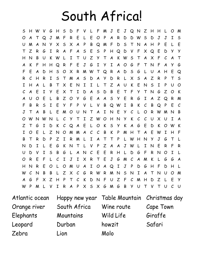 South Africa! Word Search