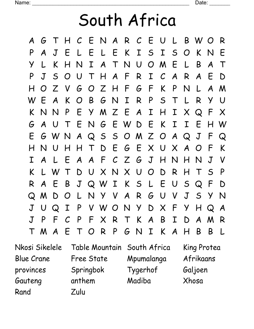 South Africa Word Search