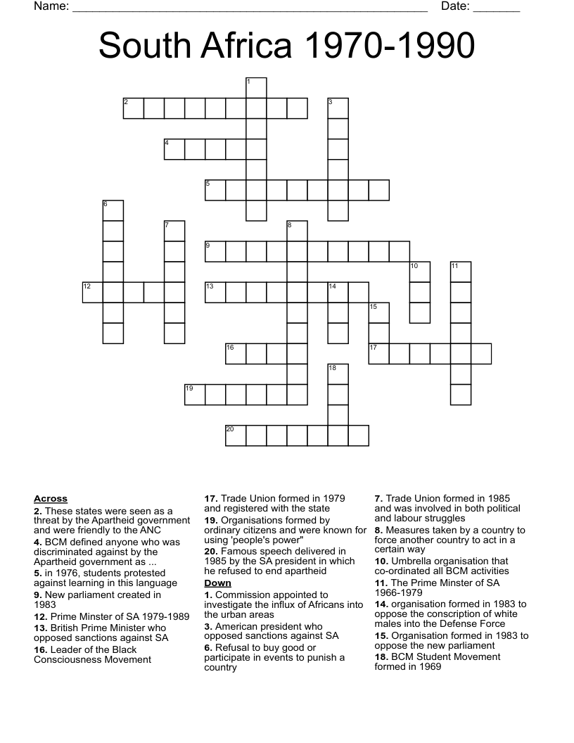 South Africa 1970-1990 Crossword