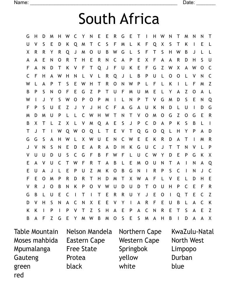 South Africa Word Search