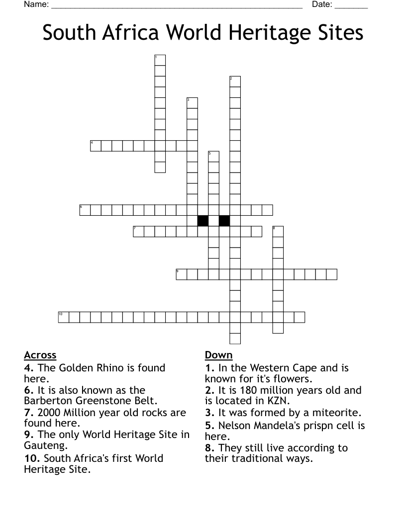South Africa World Heritage Sites Crossword