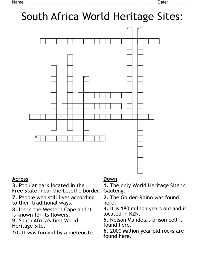 South Africa World Heritage Sites: Crossword