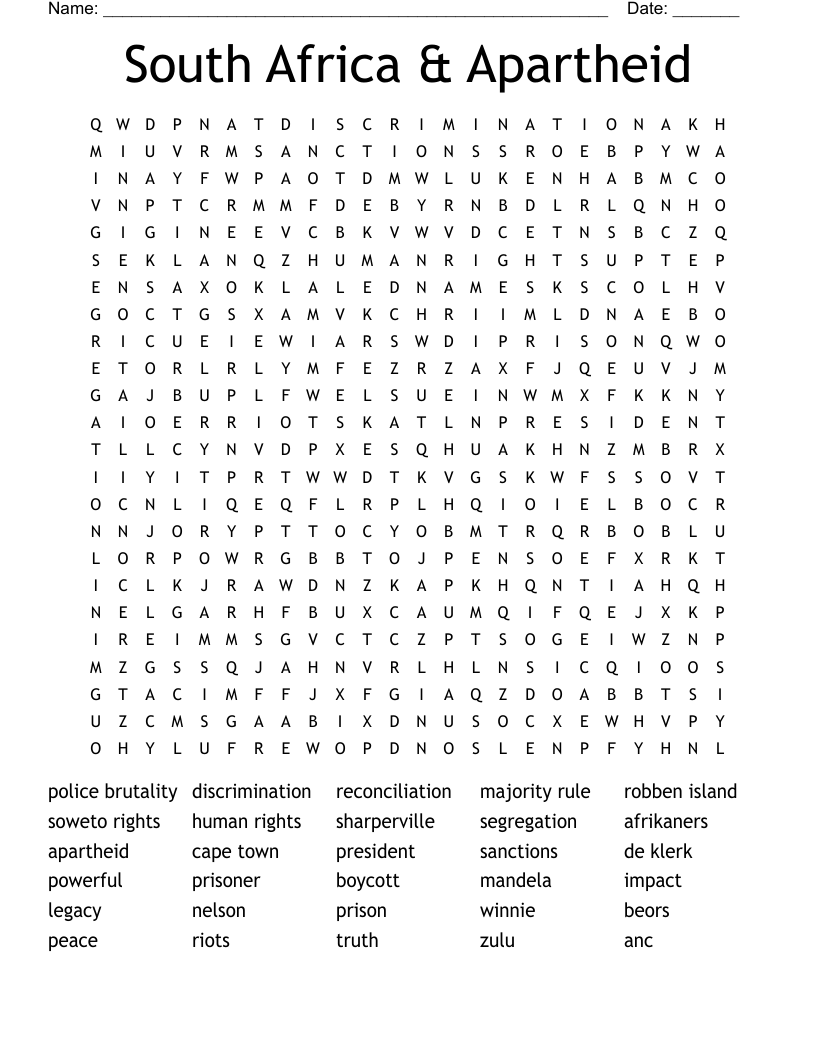 South Africa & Apartheid Word Search