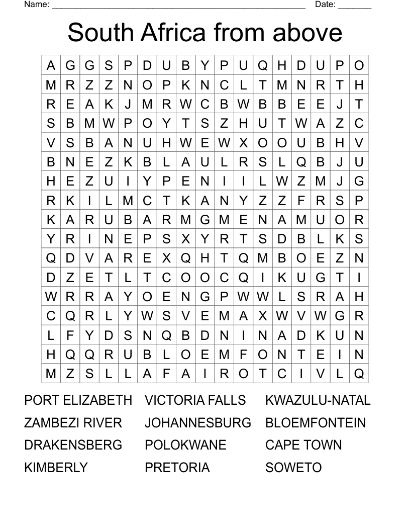 South Africa from above  Word Search