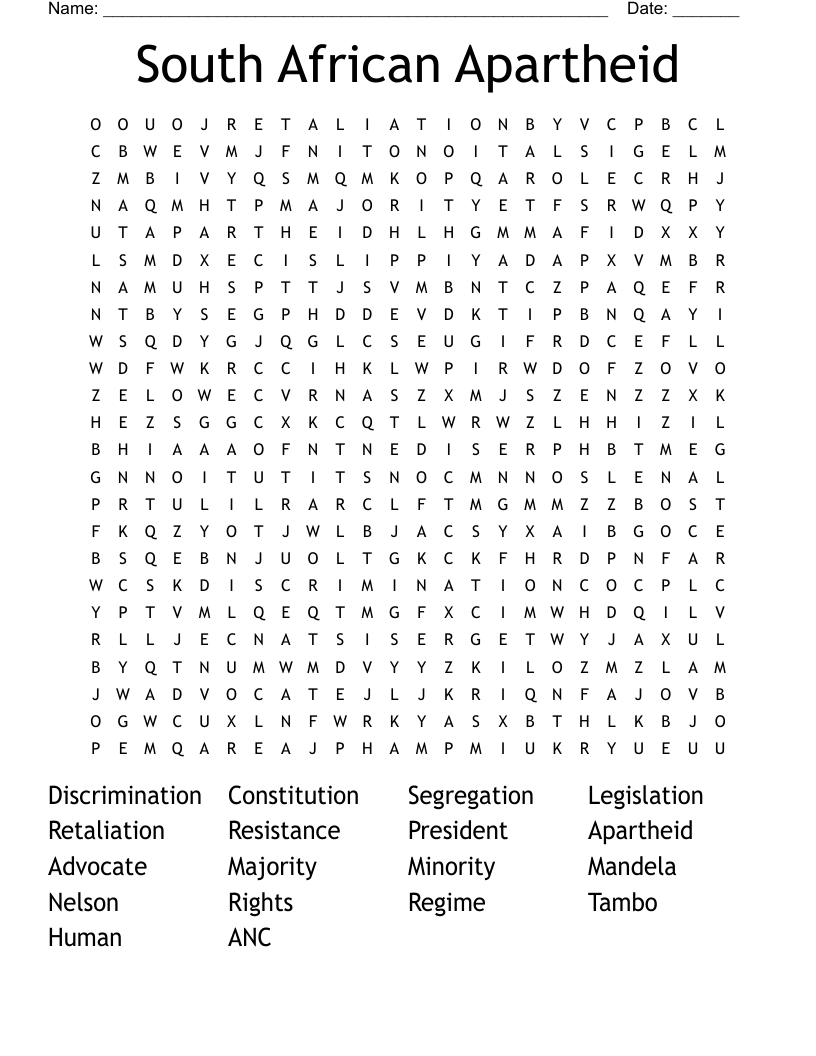 South African Apartheid  Word Search