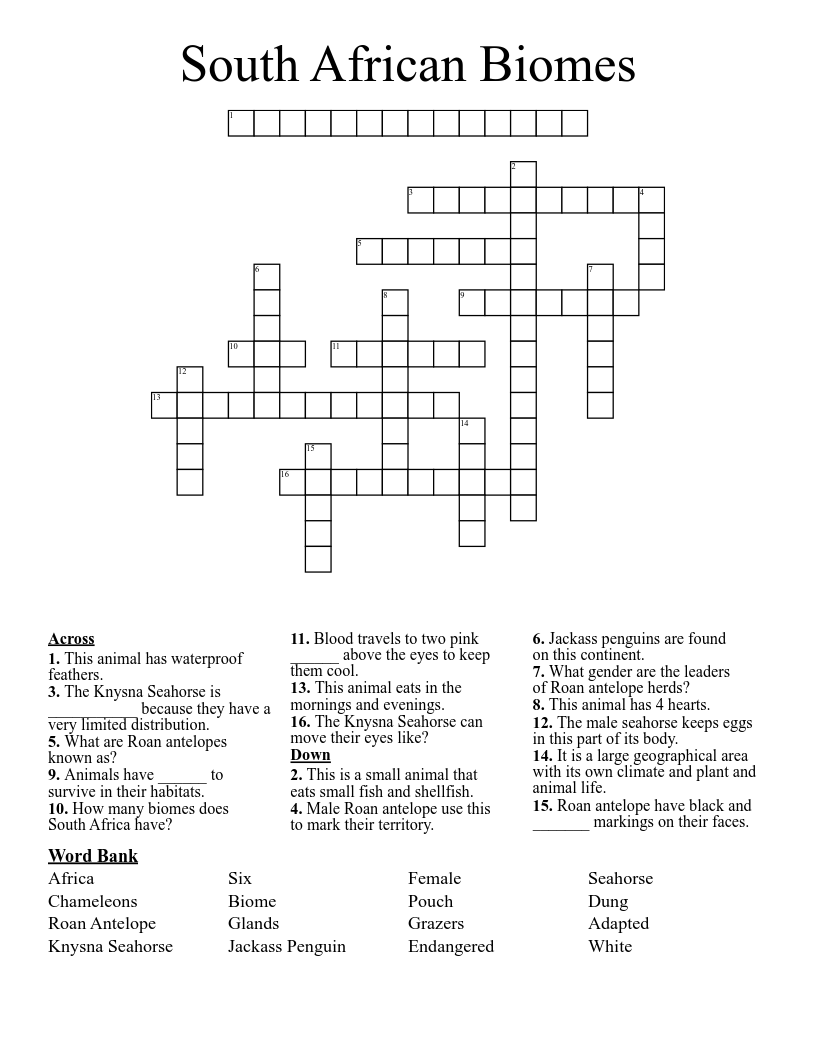 South African Biomes Crossword
