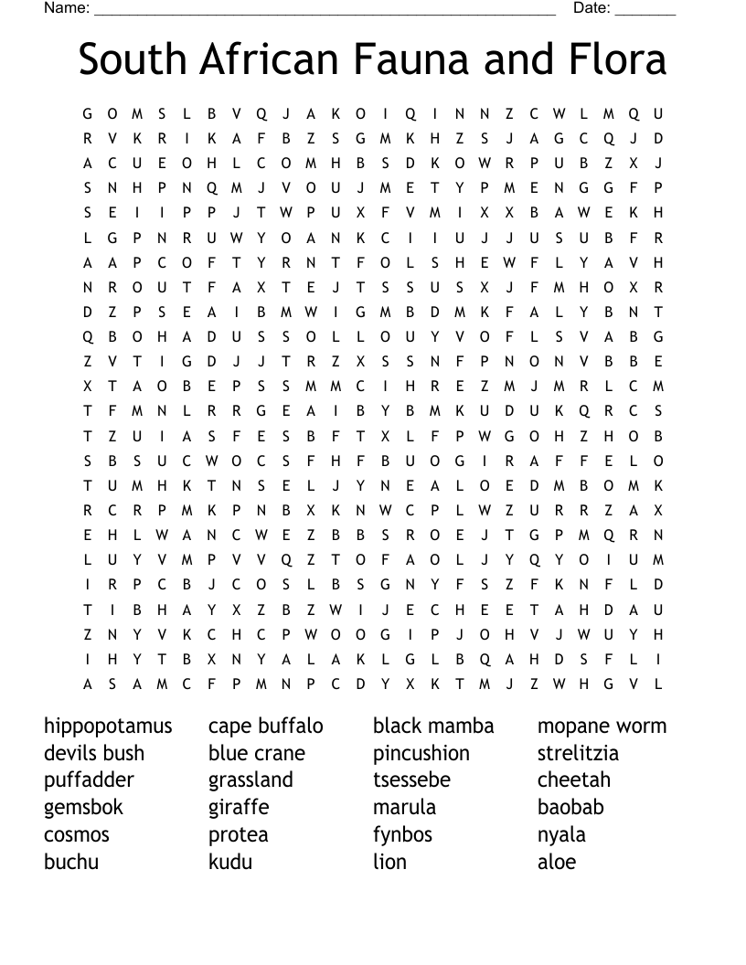 South African Fauna and Flora Word Search