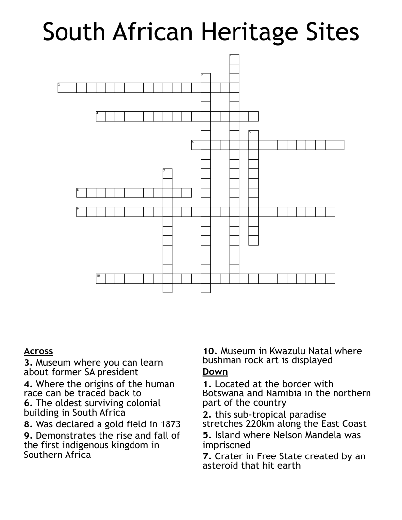 South African Heritage Sites Crossword