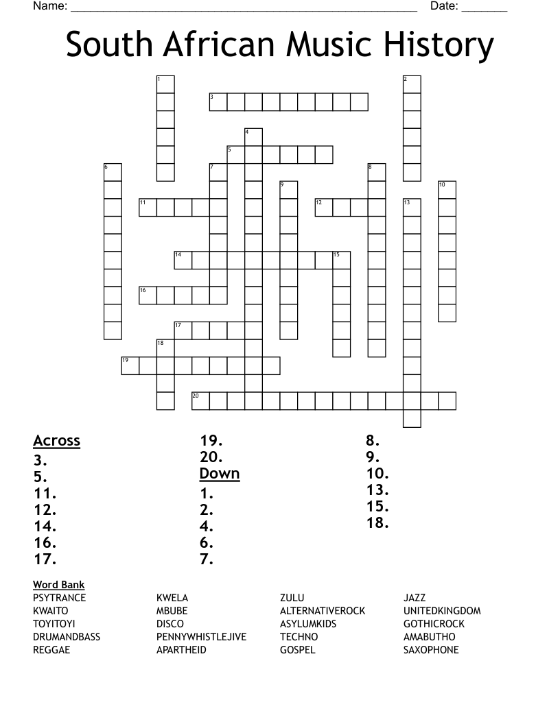 South African Music History Crossword