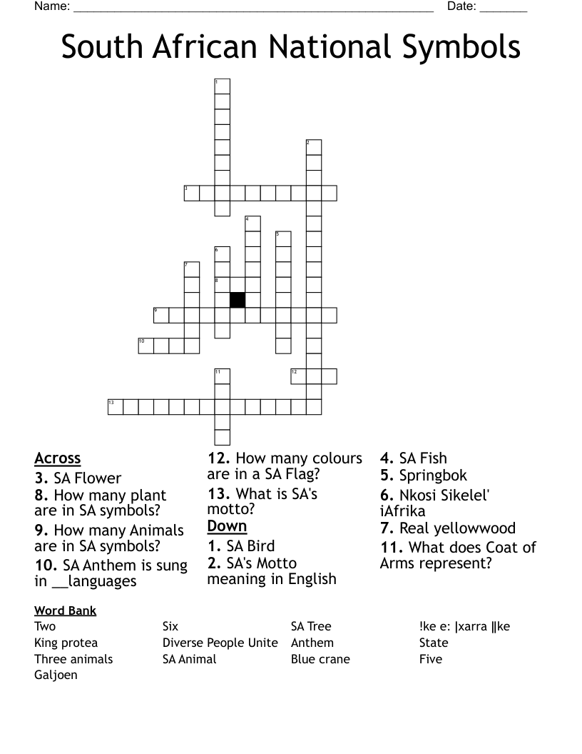 South African National Symbols Crossword