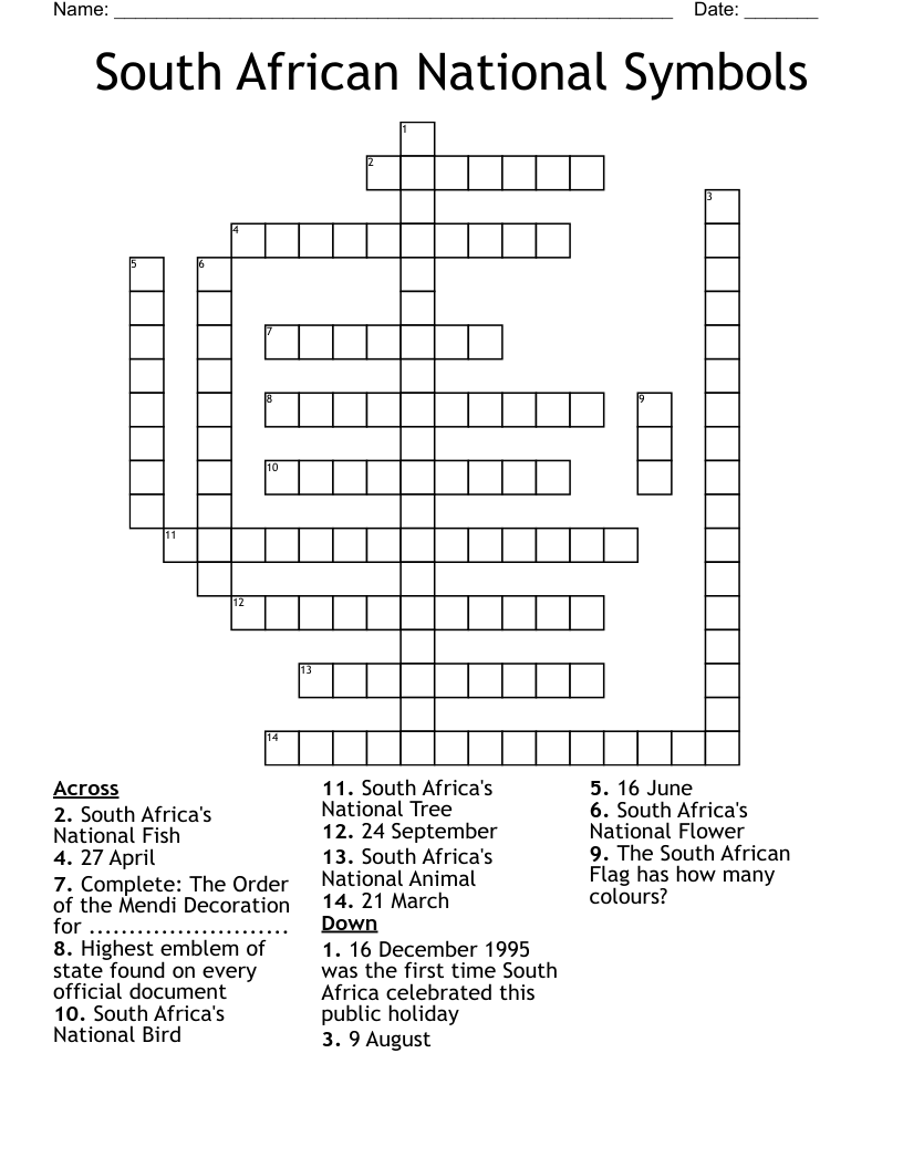 South African National Symbols Crossword