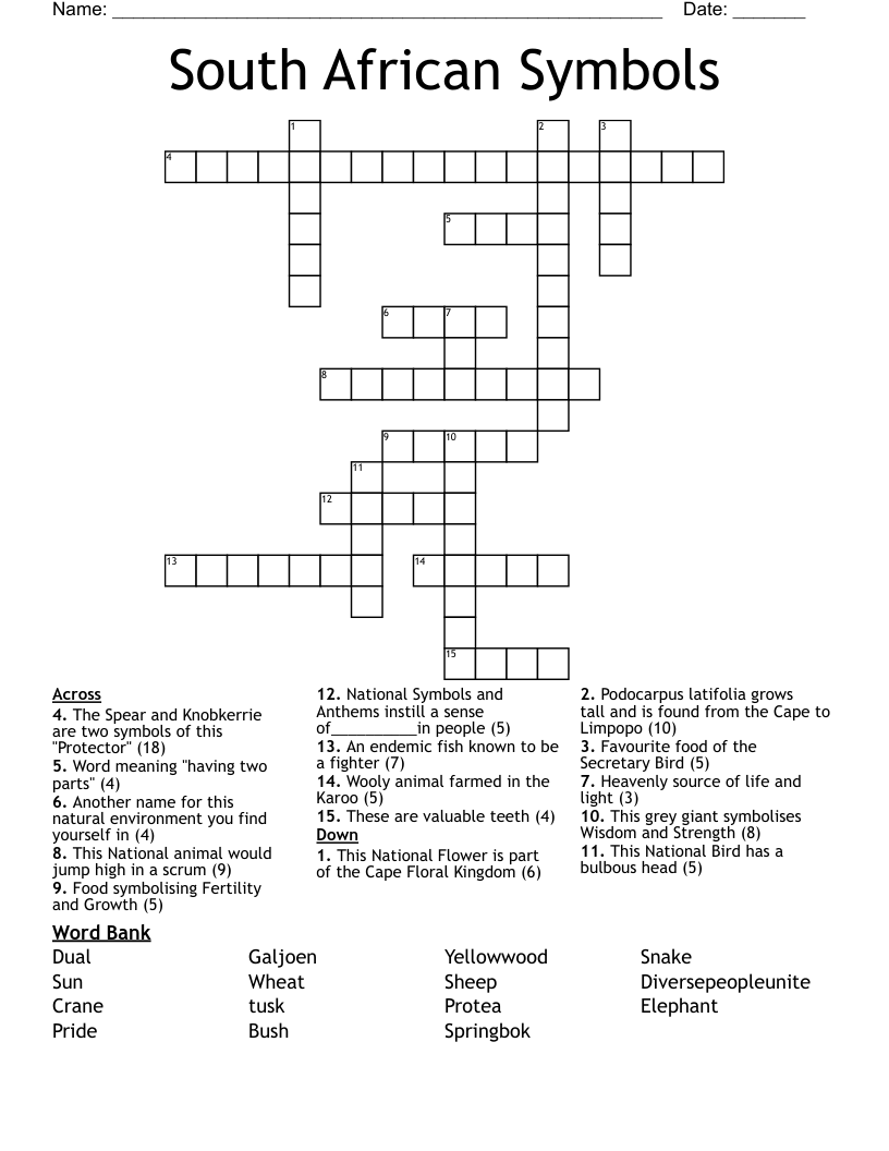South African Symbols Crossword