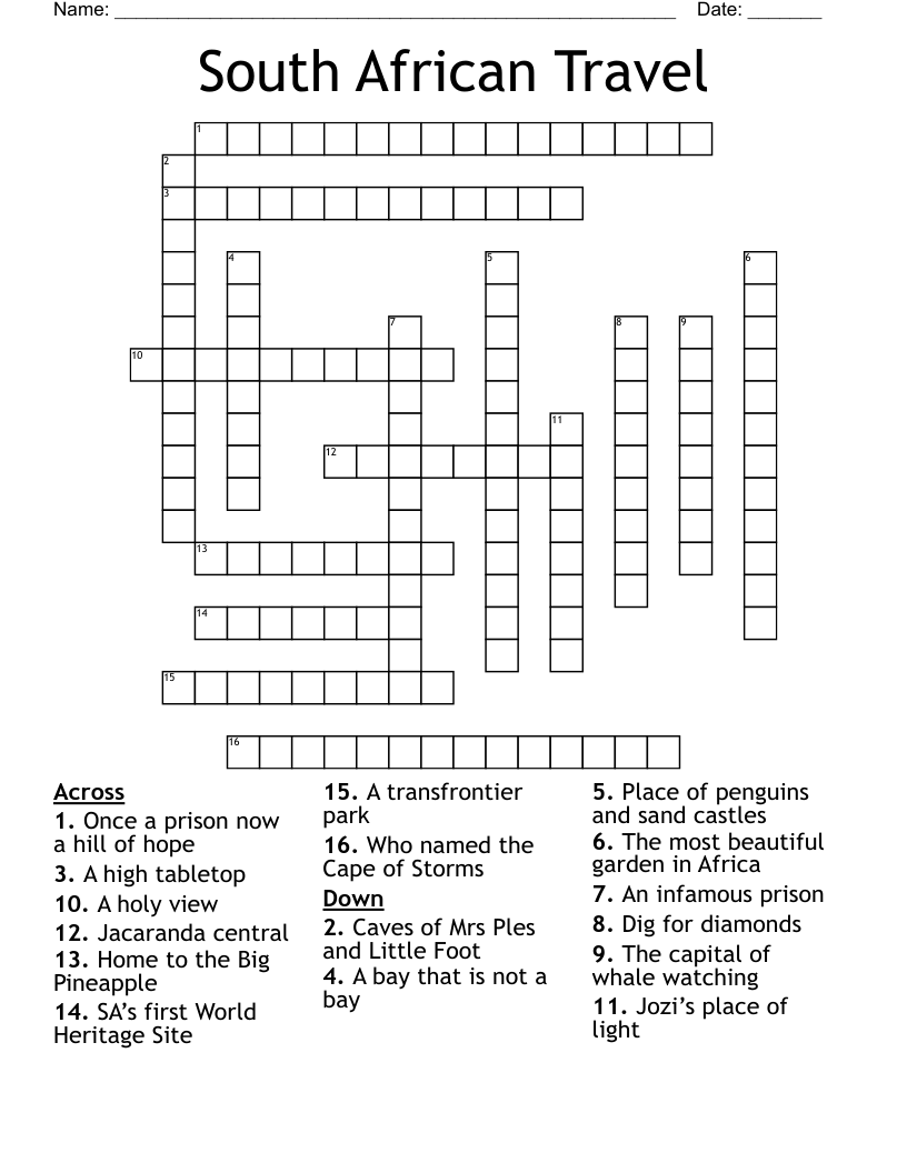 South African Travel Crossword