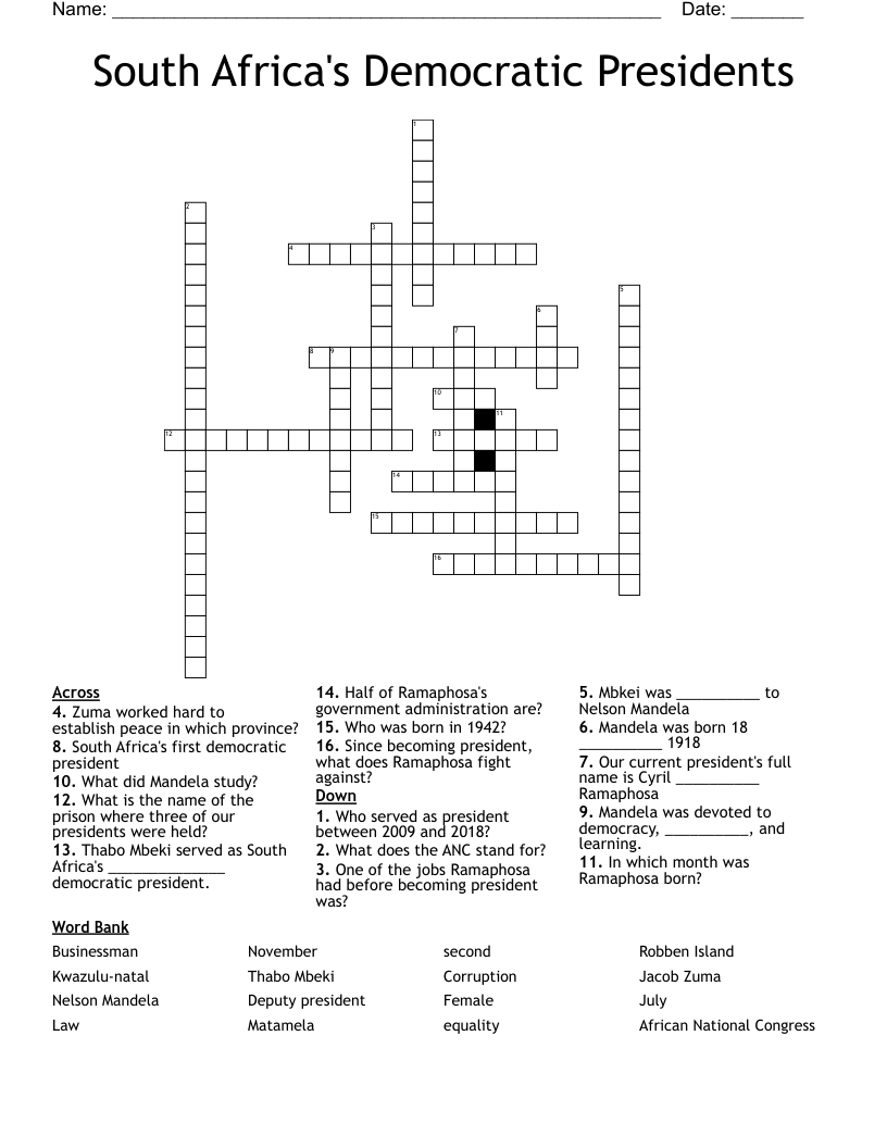 South Africa's Democratic Presidents Crossword
