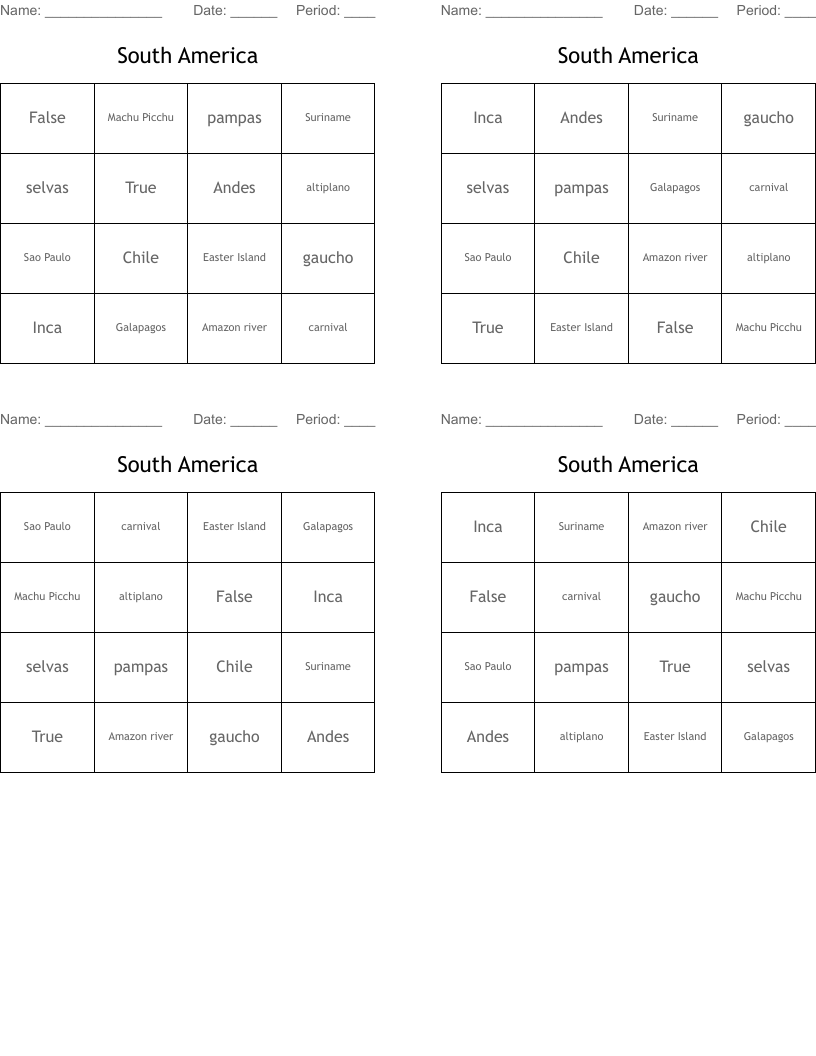 South America Bingo Cards