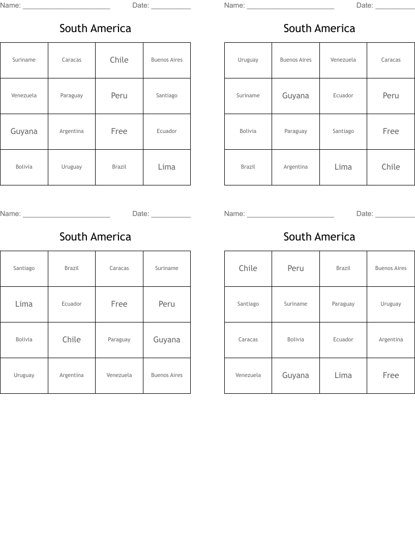 South America Bingo Cards