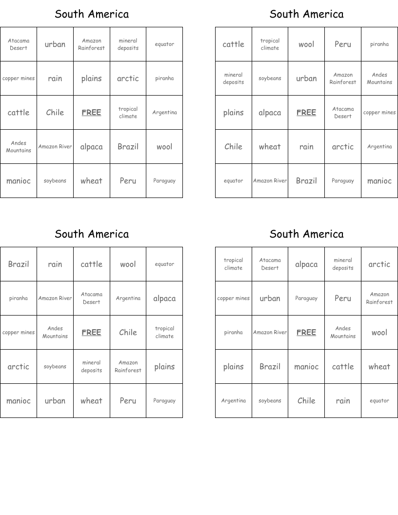 South America Bingo Cards