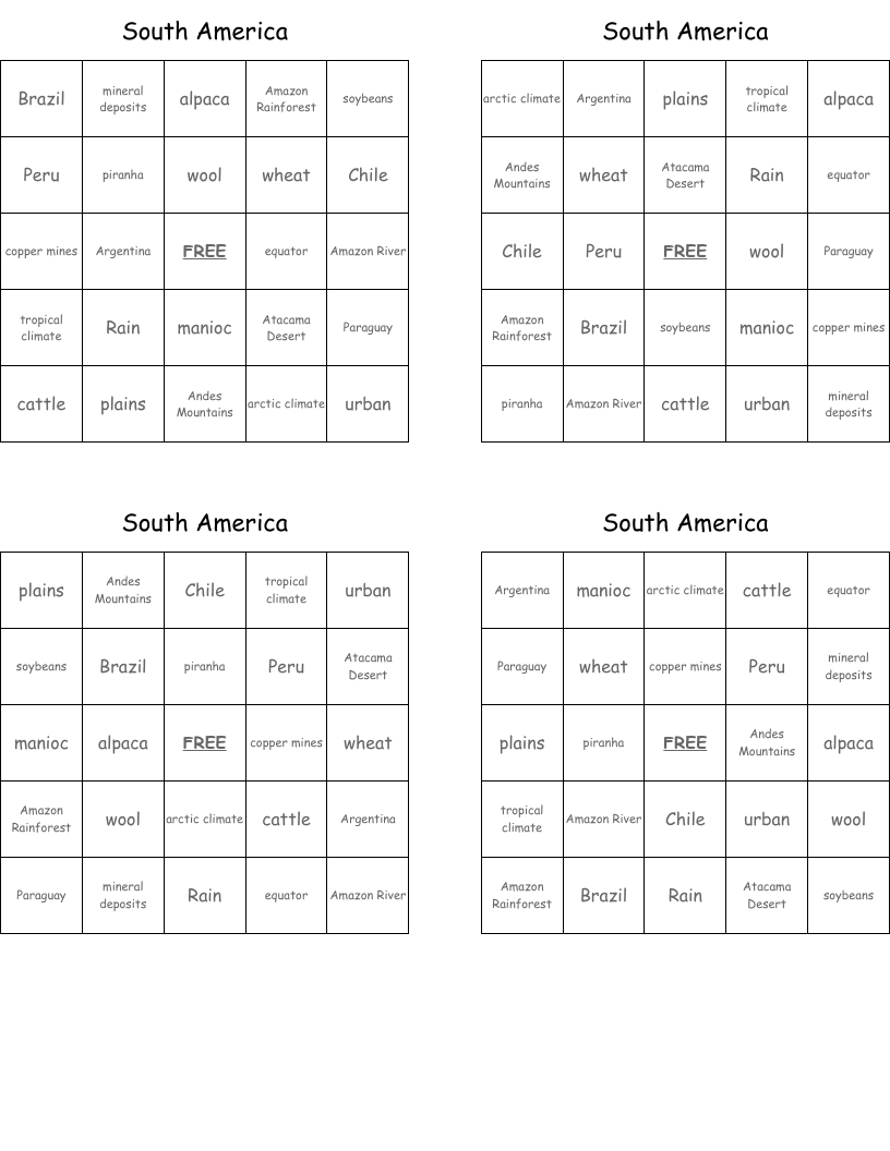 South America Bingo Cards