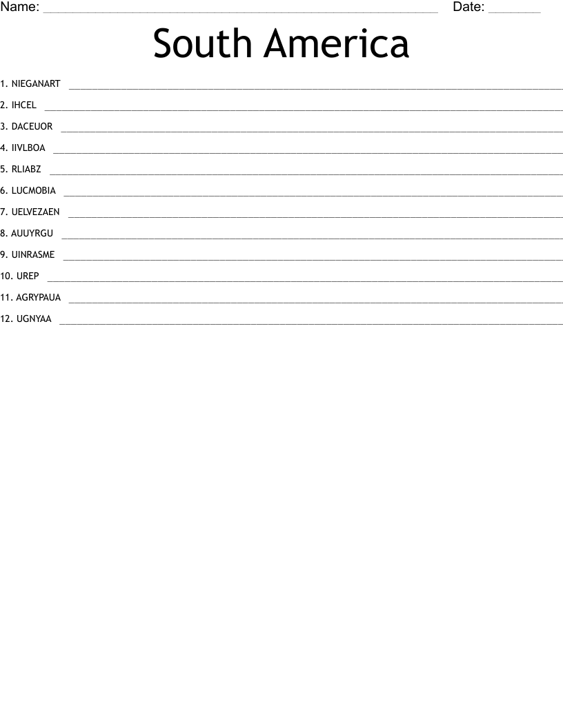 South America Word Scramble