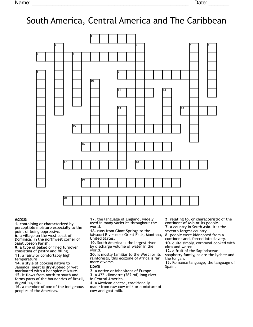 South America, Central America and The Caribbean Crossword