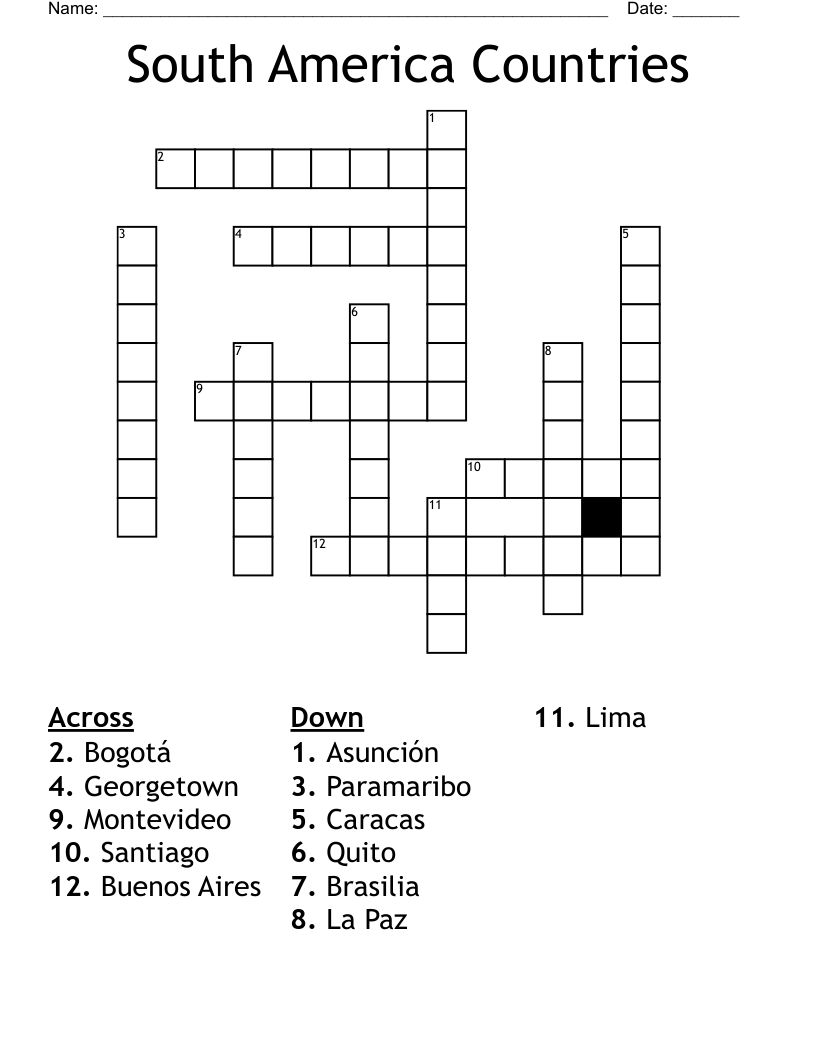 South America Countries Crossword