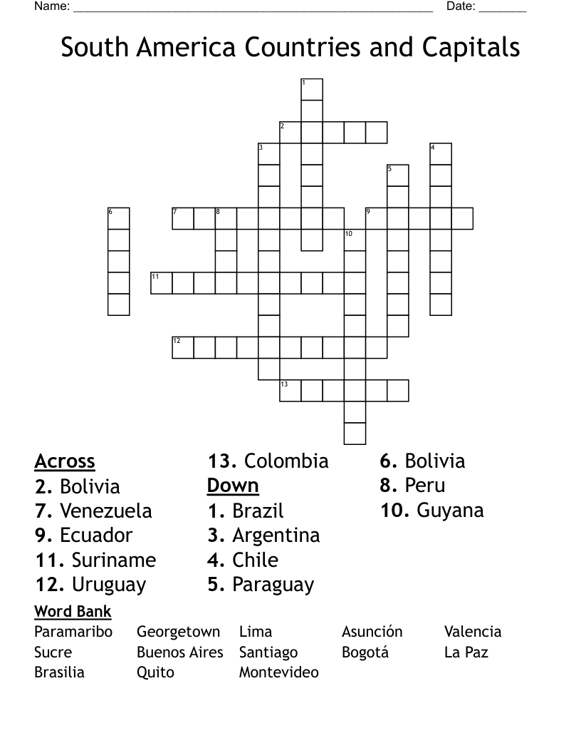 South America Countries and Capitals Crossword