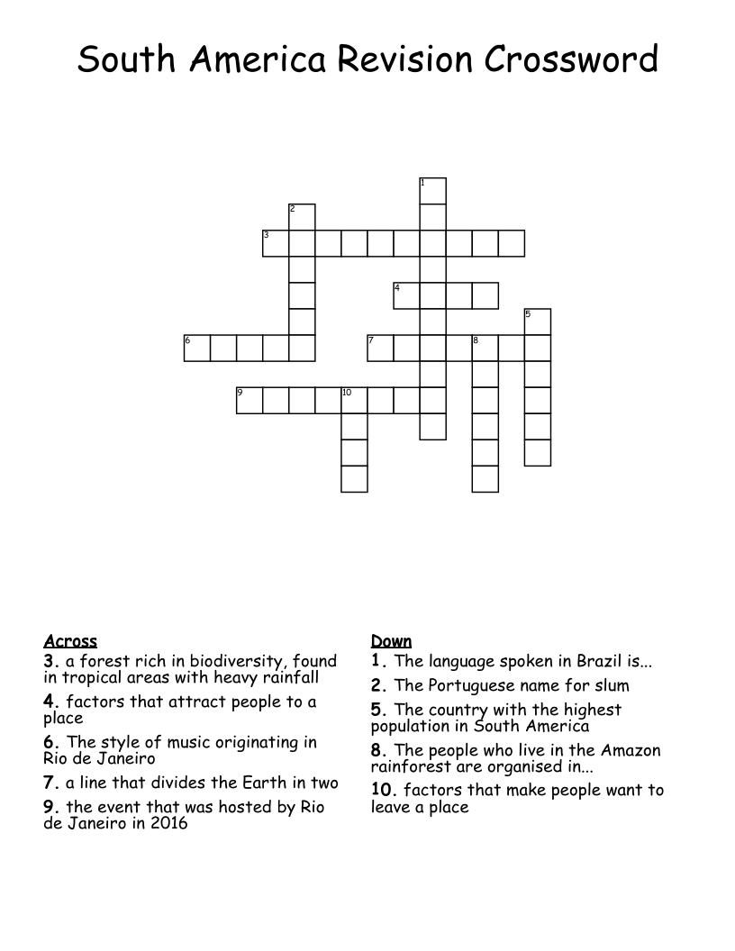 South America Revision Crossword