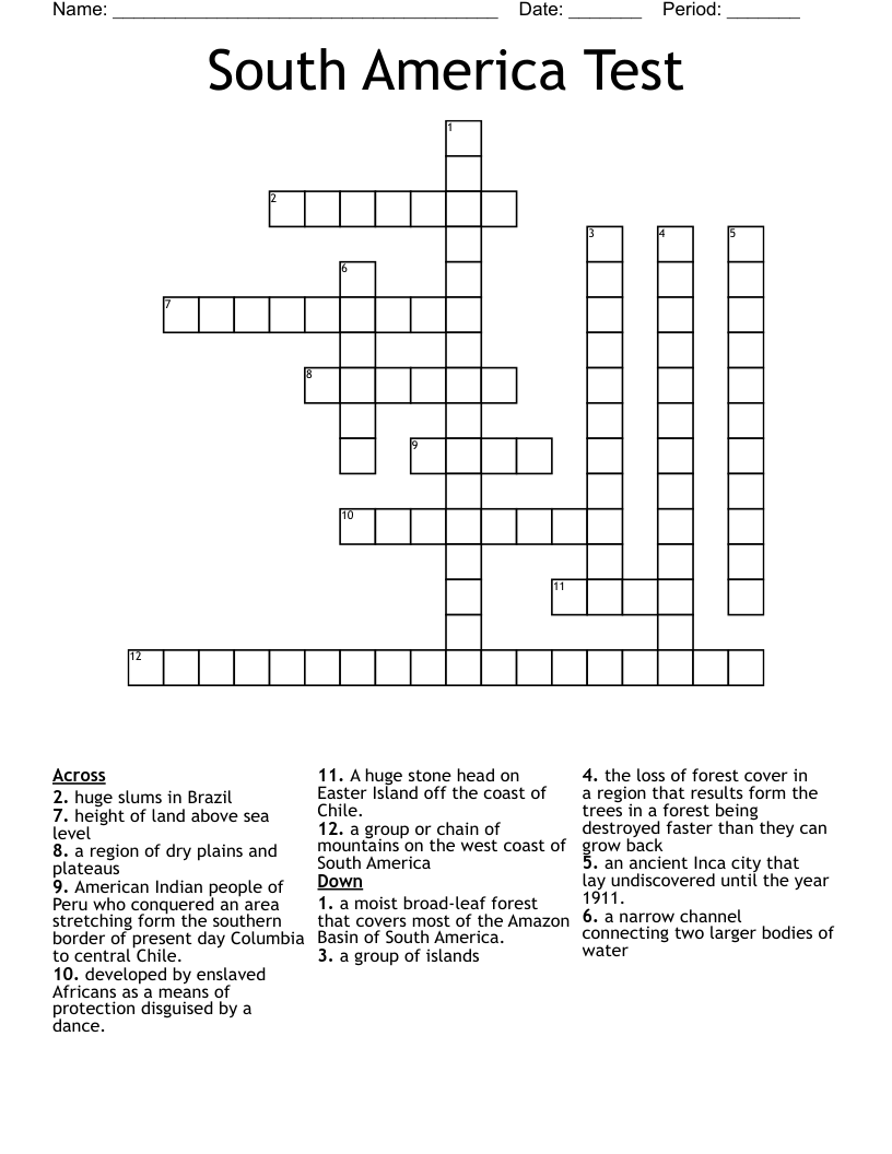 South America Test Crossword