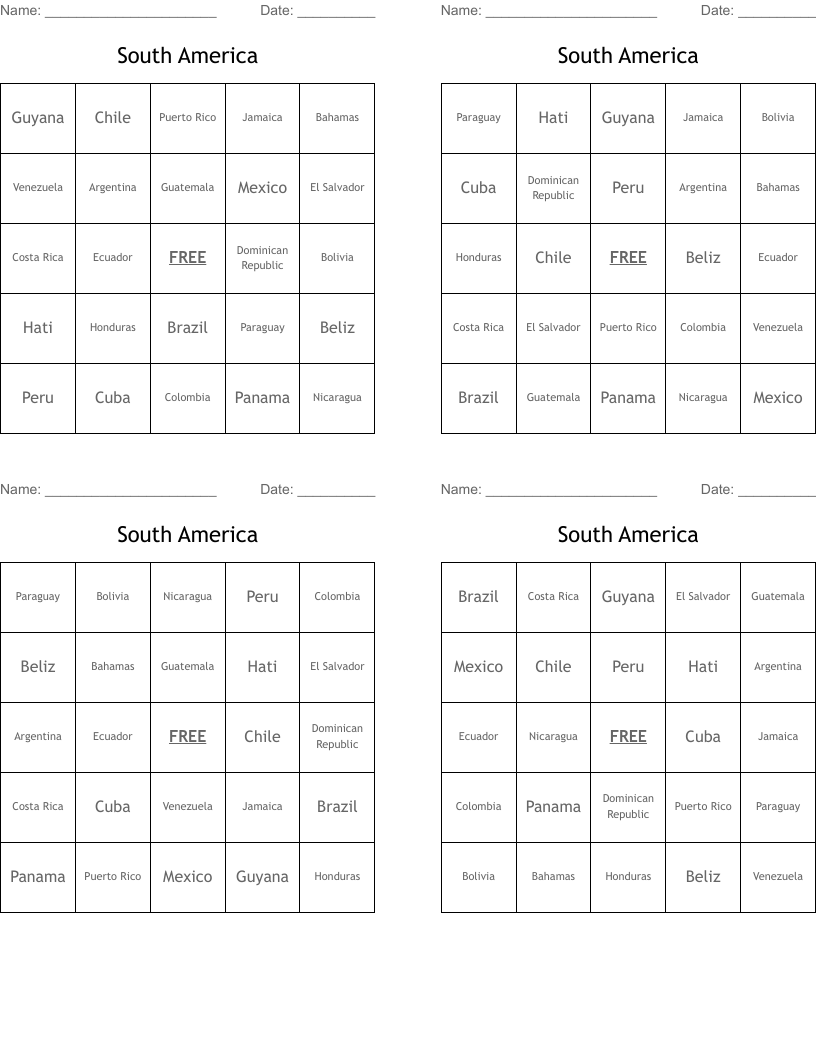 South America  Bingo Cards