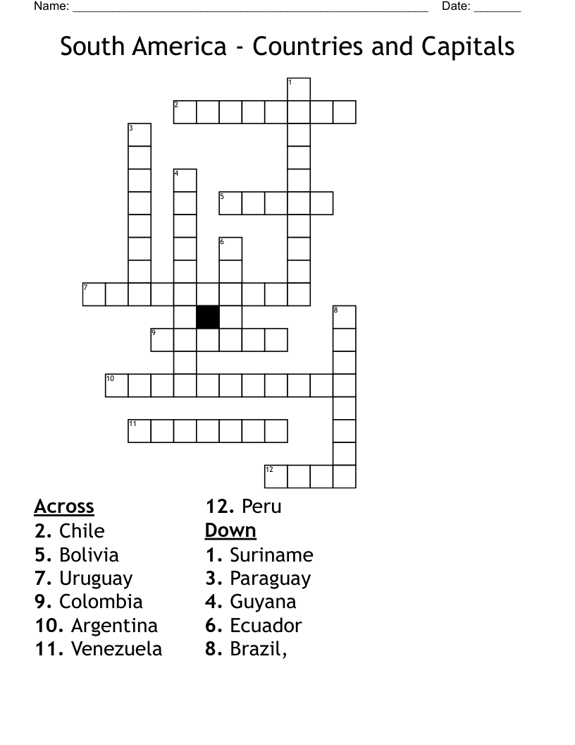 South America - Countries and Capitals Crossword