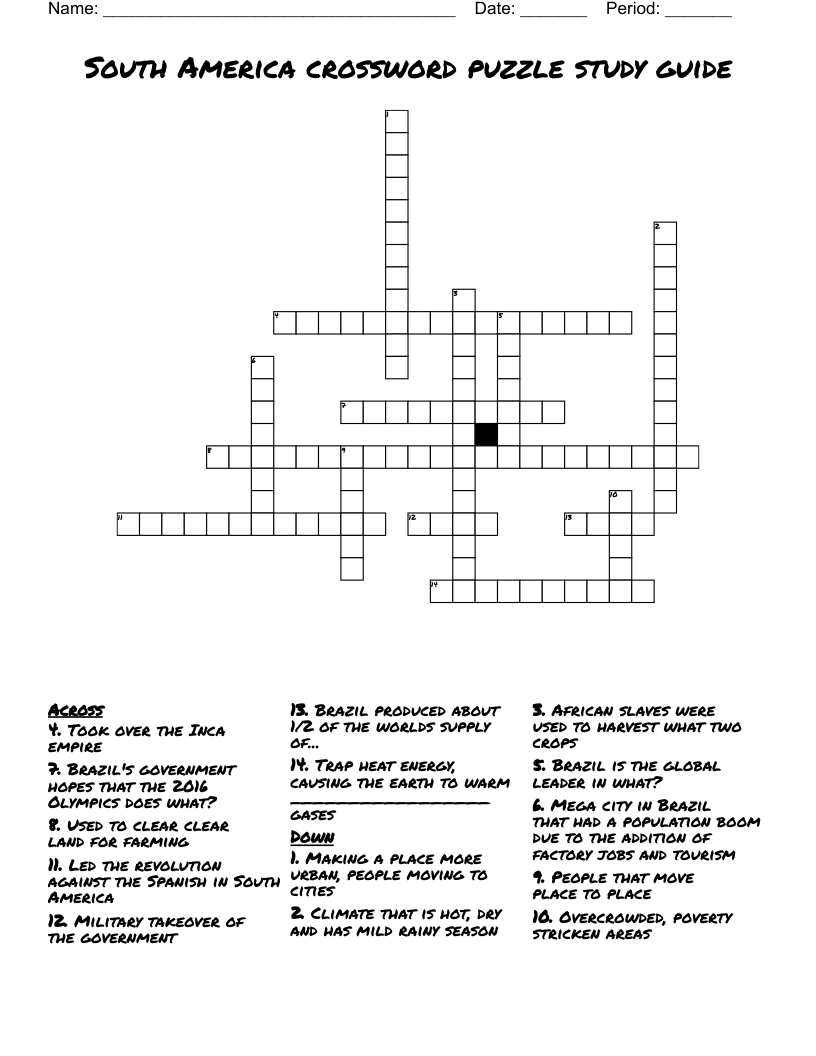 South America crossword puzzle study guide