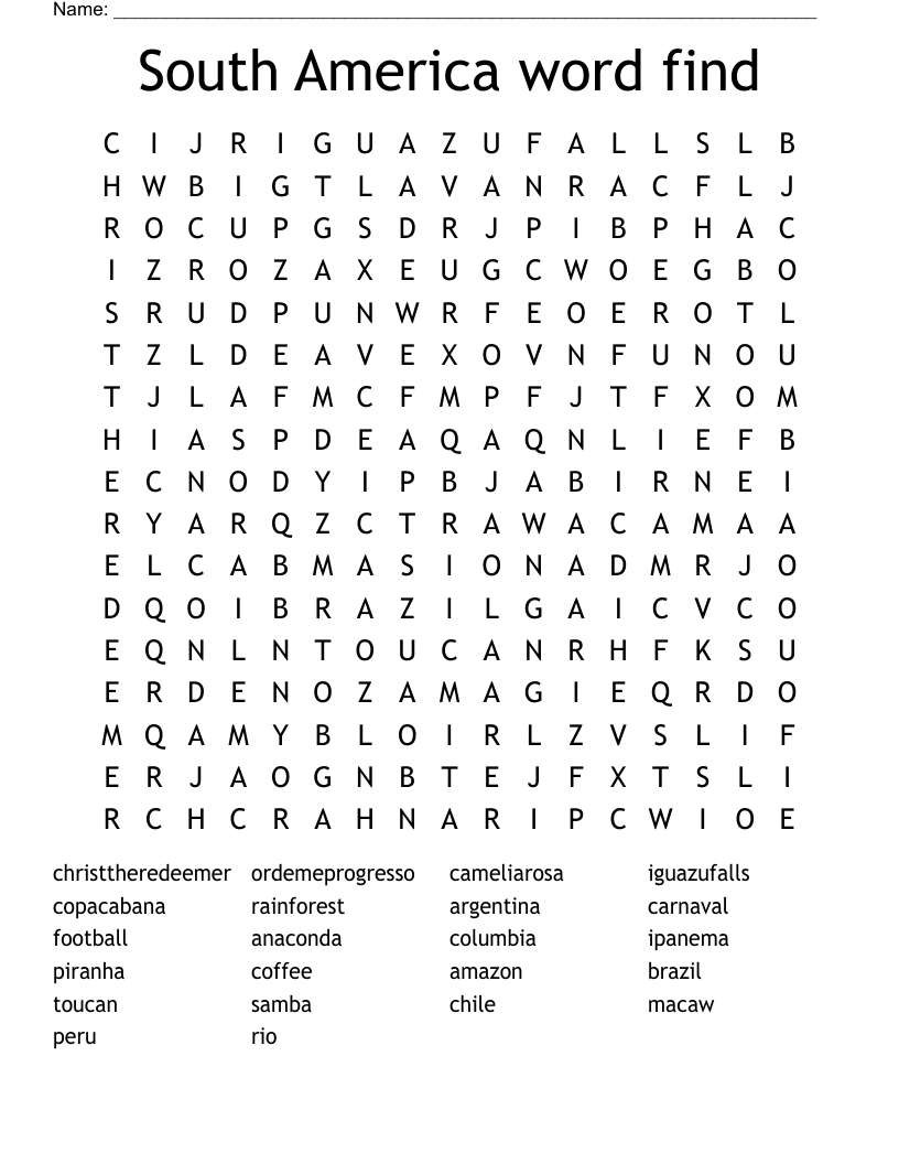 South America word find Word Search