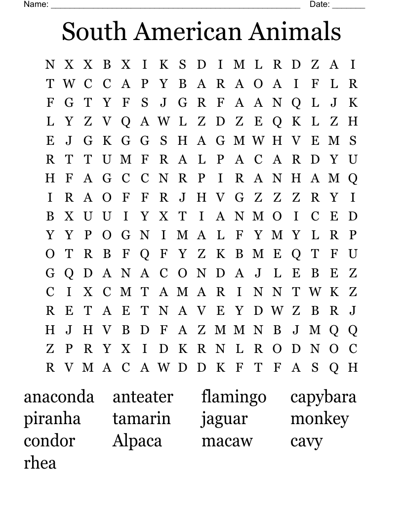 South American Animals Word Search