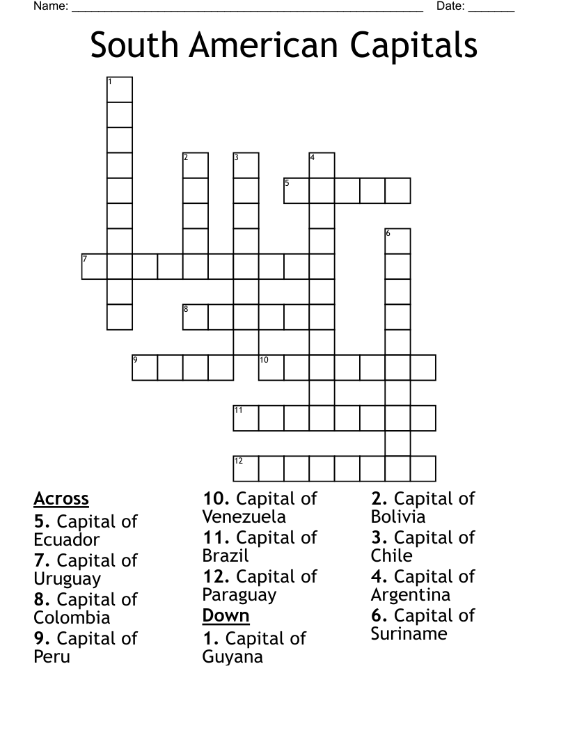 South American Capitals Crossword