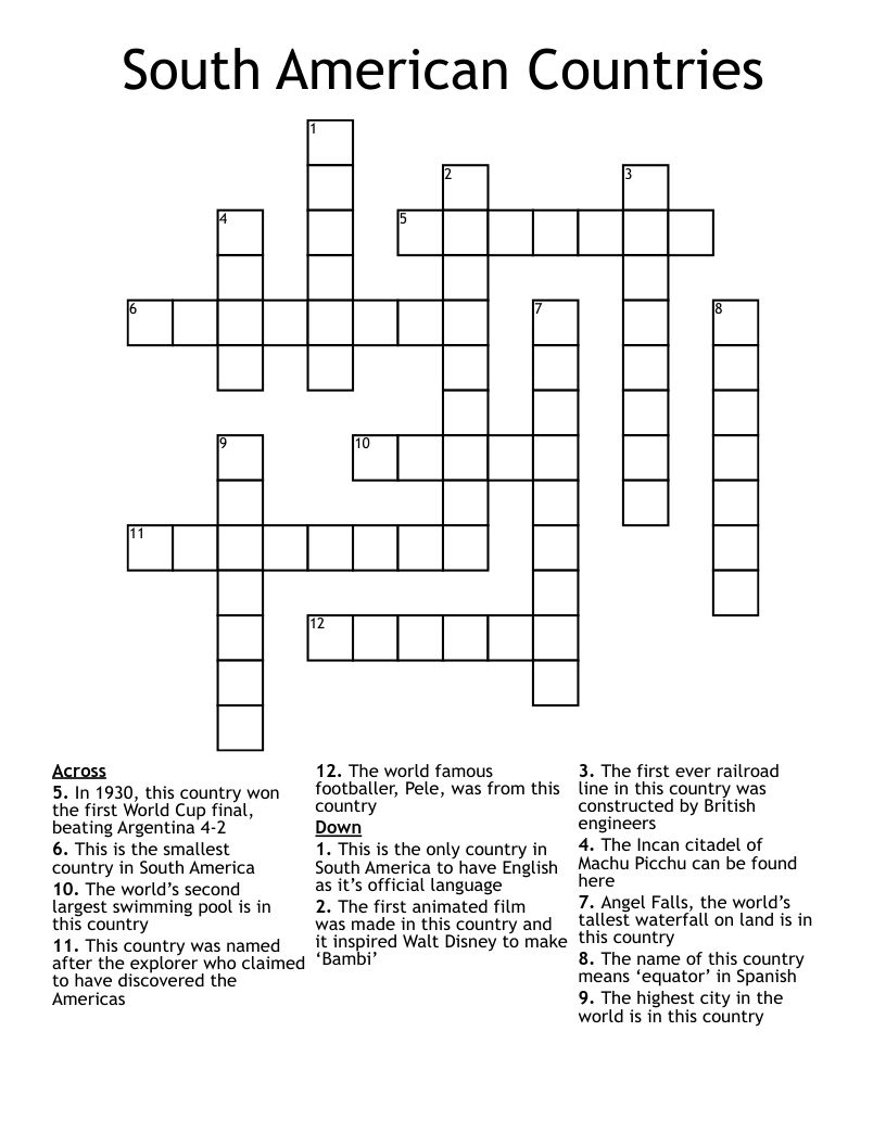 South American Countries Crossword