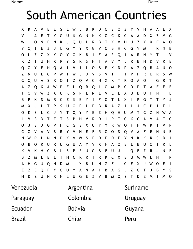 South American Countries Word Search