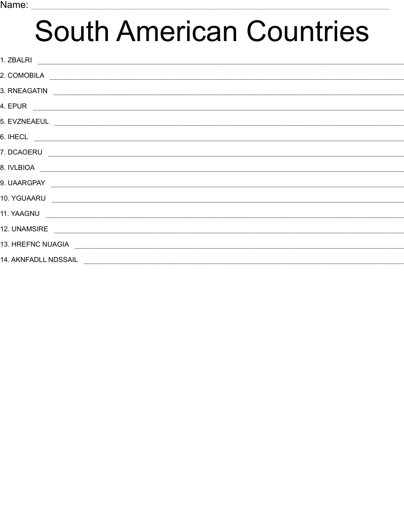South American Countries Word Scramble