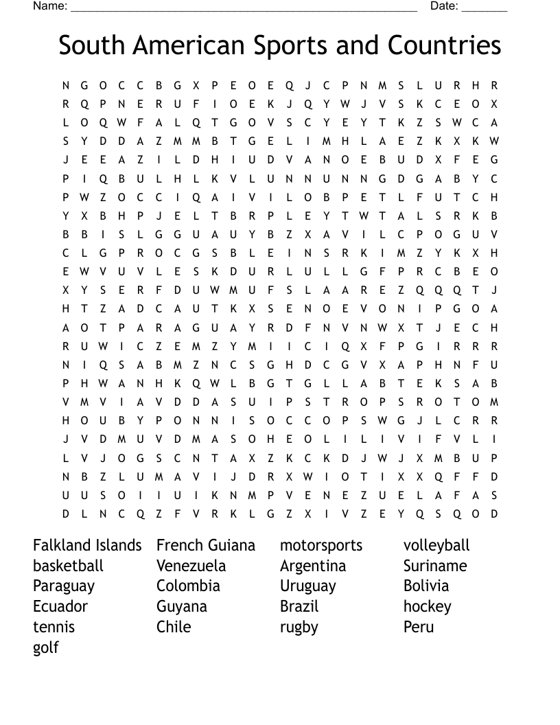 South American Sports and Countries Word Search