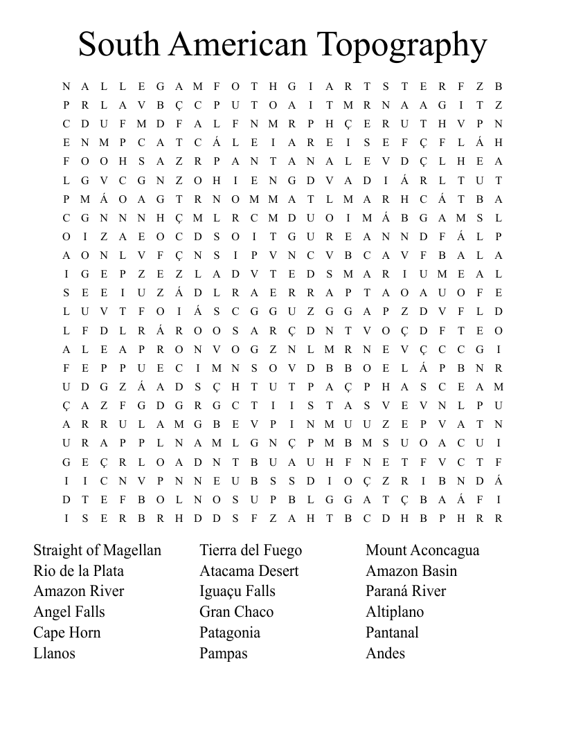 South American Topography Word Search