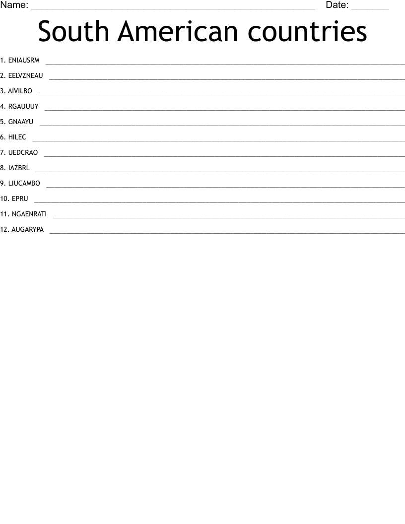 South American countries Word Scramble