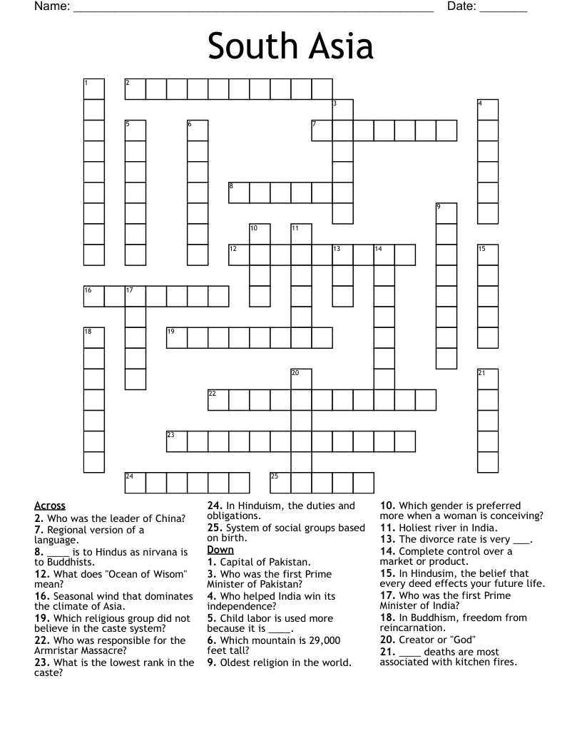 South Asia Crossword