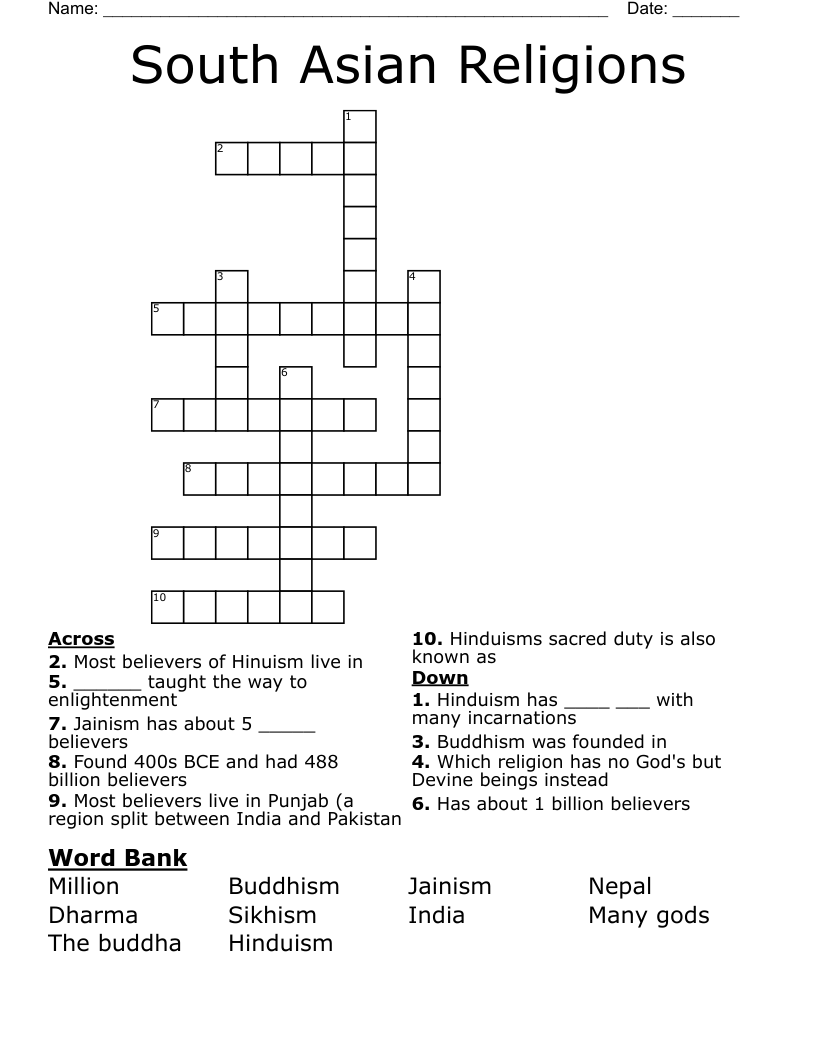 South Asian Religions Crossword