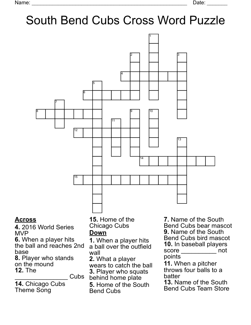 South Bend Cubs Cross Word Puzzle