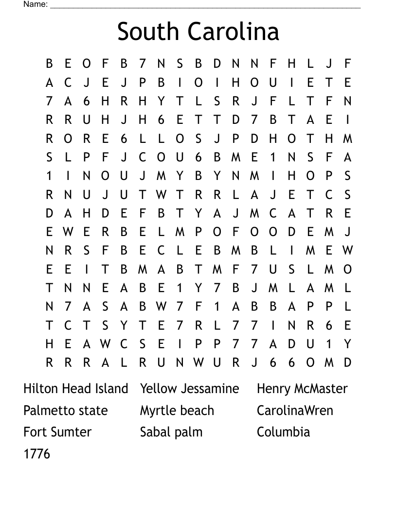South Carolina Word Search